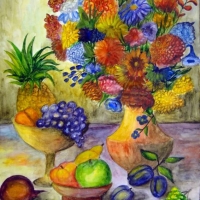Волкова Настя, 13 лет, Натюрморт с цветами и фруктами